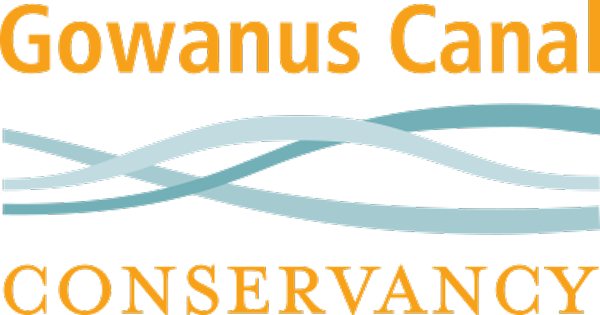 Gowanus Canal Conservancy logo with orange text and blue-green waves