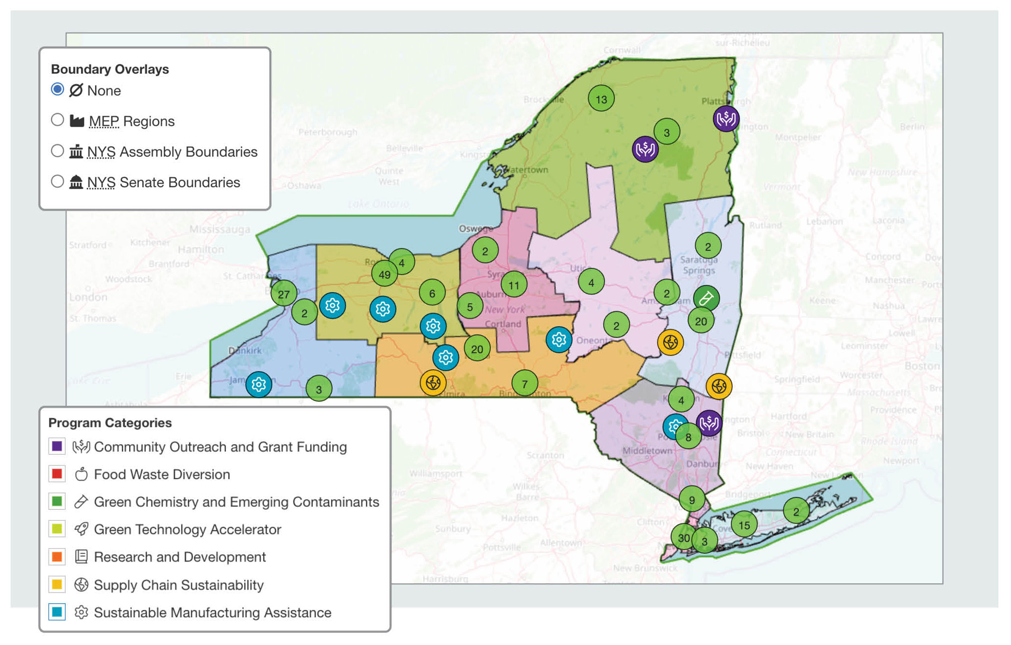 An interactive map of New York State displaying program impact across various regions. Circular icons and numbered green badges represent program categories, including Sustainable Manufacturing Assistance, Community Outreach and Grant Funding, Green Chemistry, and Supply Chain Sustainability.