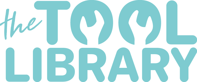 The Tool Library logo in a teal blue with wrench heads outlined in the o's