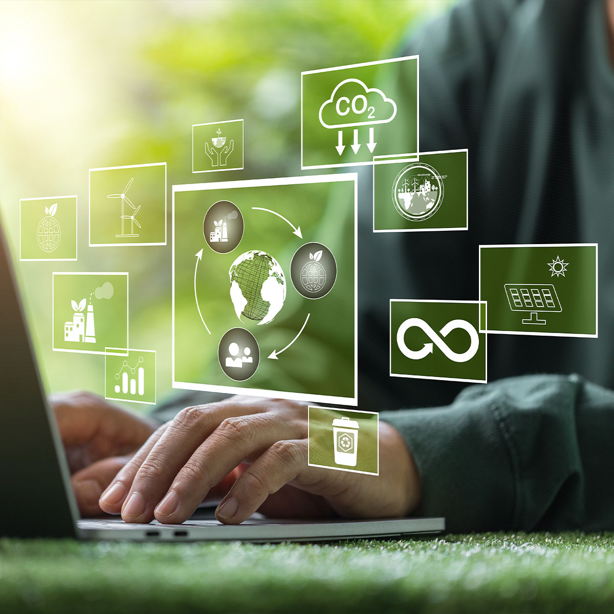close up of hands using laptop keyboard with overlay illustrating sustainable supply chain assessment requires green finance and thorough analysis of carbon impact, contributing to eco-friendly management and stronger green economy. sustainable, assessment, green