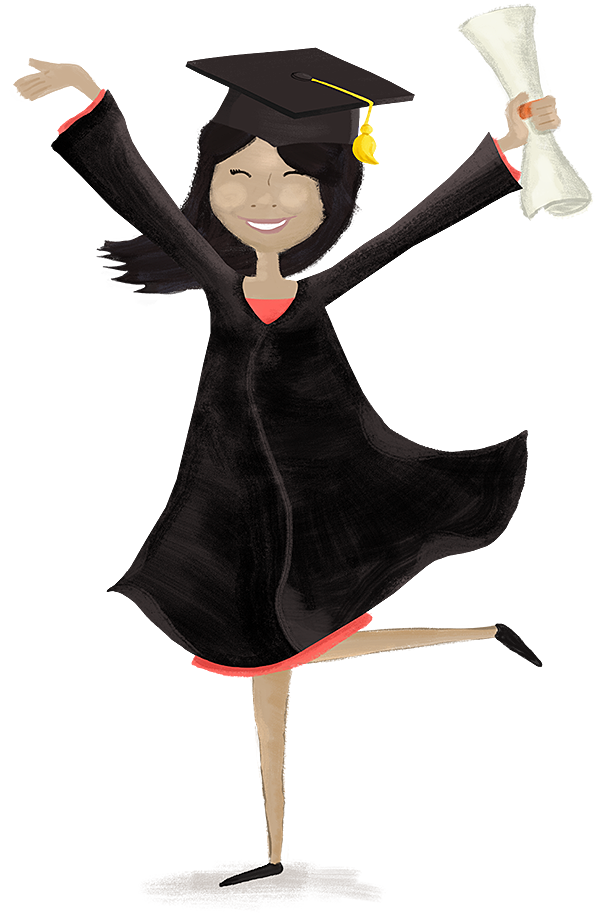 Illustration of a woman in cap and gown holding a diploma