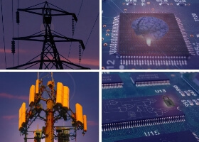 A collage showing a computer power line tower, a cellphone tower, and two computer chips on motherboards.