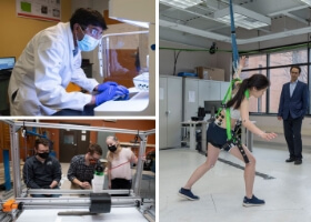 A collage showing a person in a lab coat, a group of people working on a 3d printer, and a person in a harness.