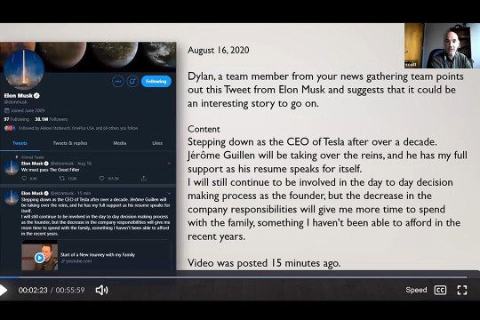 screenshot of an alleged tweet by Elon Musk and instructions on how a reporter received this information.
