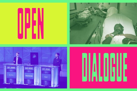 four-panel graphic with person in a hospital bed, contestants on the Jeopardy game show, and the words "open dialogue."