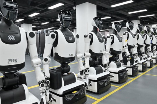 black and white robots stand in a line in a factory