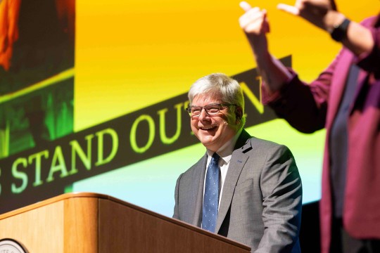RIT President Bill Sanders speaks to the campus community during his State of the University address in the R I T Performing Arts Center