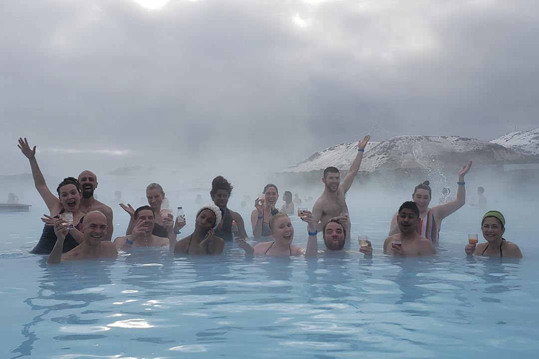 The RIT Icelandic Design Immersion group soaks it up in the Blue Lagoon.