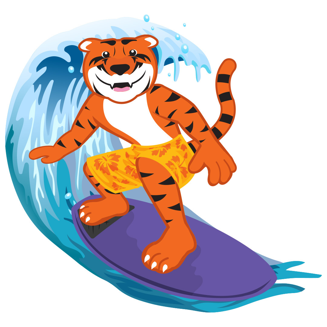 Mascot Ritche riding a surf-board