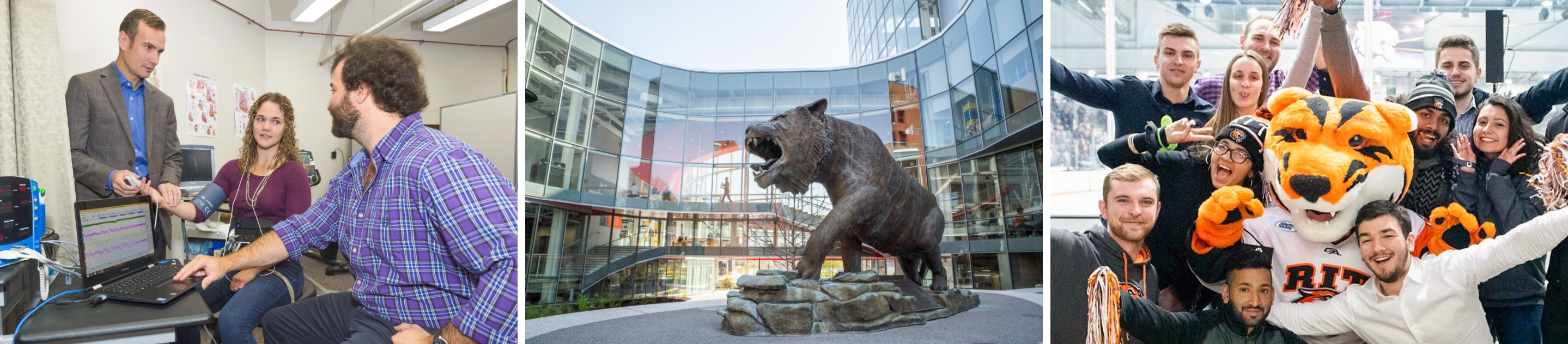 3 images in a collage. A faculty member with students, a tiger statue, and students posing with the RIT mascot.