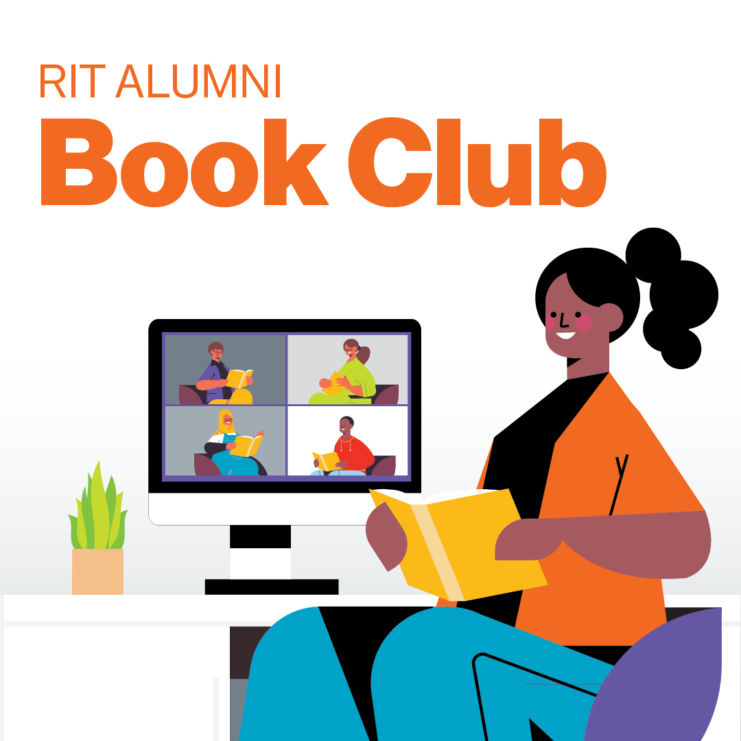 animated graphic of a person reading a book with the words Alumni Book Club written in block letters