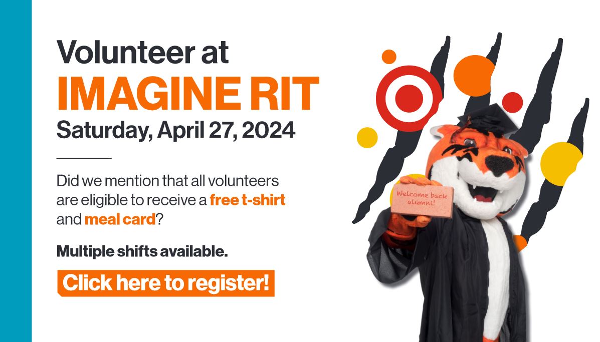 graphic asking alumni to volunteer at Imagine RIT