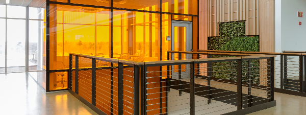 inside building with orange tinted windows