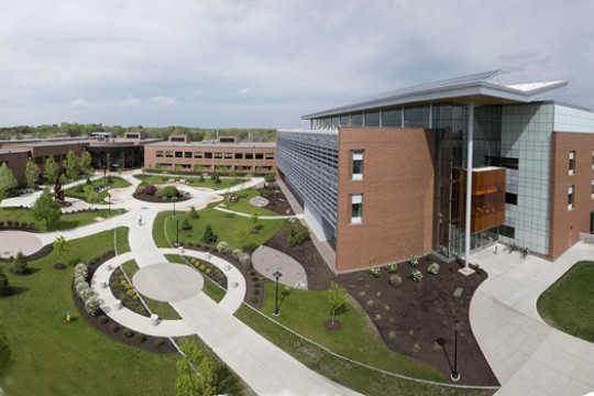 aerial view of campus buildings and grounds.