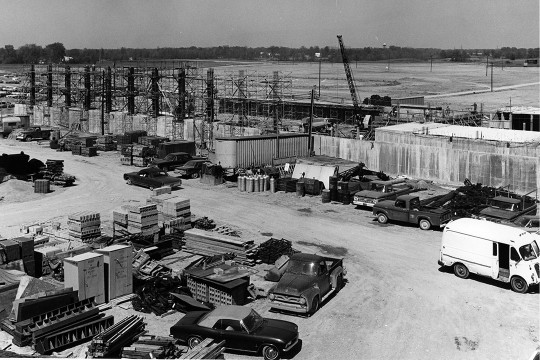 A black and white photo of the early stages of construction of the RIT Henrietta campus.