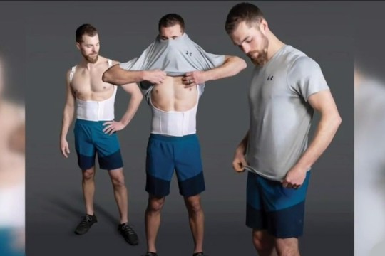 series of three man wearing cooling vest and putting on a shirt over it.