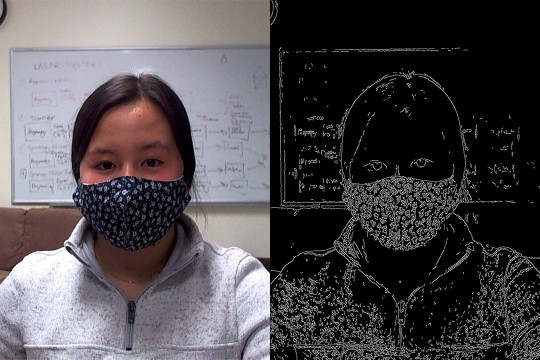 side-by-side images of student wearing a facemask and a digital drawing of the student wearig the mask.