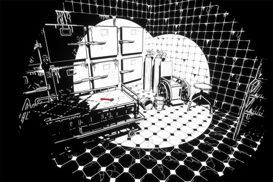 Black and white animated scene of a hospital room with a red key on the hospital bed. 