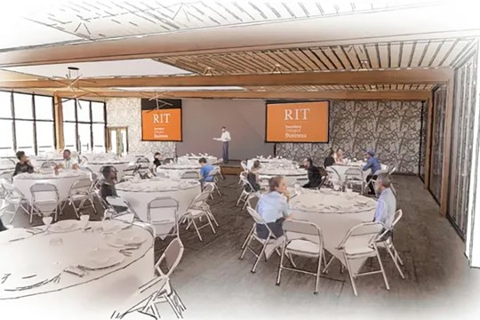 Artistic rendering of a conference hall with several tables, people, and projector screens.