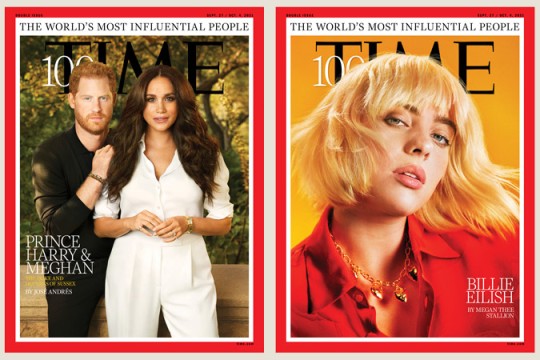 side-by-side covers of Time magazine featuring Meghan Markle and Prince Harry, and Billie Eilish.