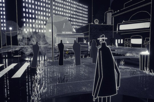 screenshot of back-and-white illustrated video game with a detective walking to a club.