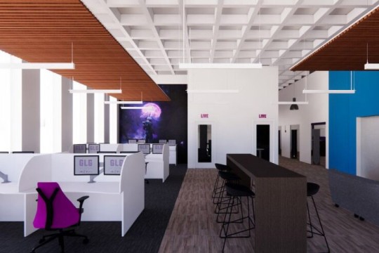 artist rendering of a video gaming lounge.