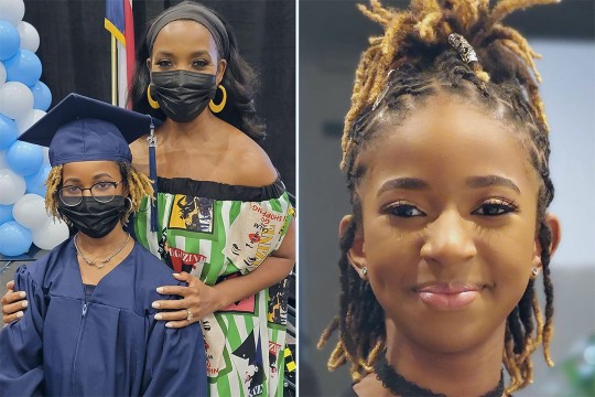 13-year-old girl and her mother at her graduation.