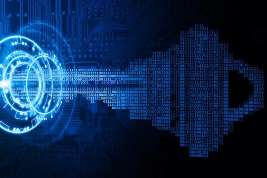 A black and blue illustration of a key made of 0s and 1s entering a digital keyhole.