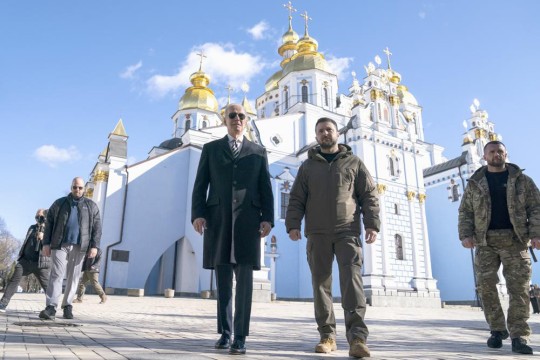 U.S. president Biden and Ukraine president outside of a cathedral in Ukraine.