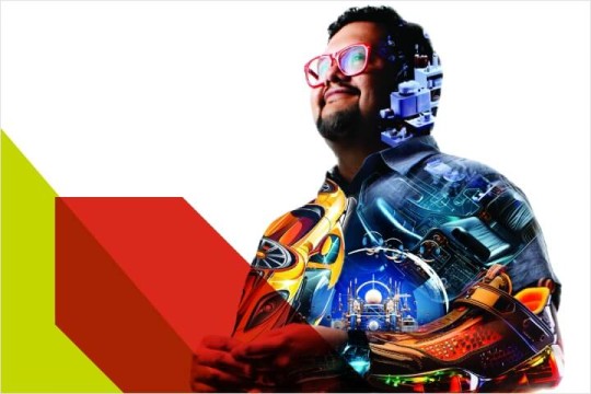 Computer generated image of a man with glasses and layers of images composed on top of his shirt in an artsy way.