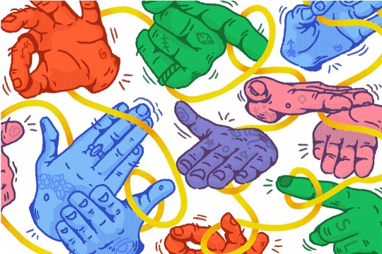an illustration of hands that are multicolored doing ASL signs