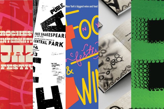 A collage of four design projects ranging from typography to advertising.