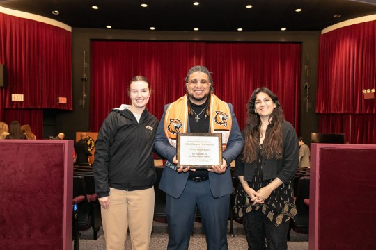 ASL interpreter Emily Fawcett Gerstein ’19, Gabriel Ponte-Fleary, and Vashti Anderson, assistant professor in RIT’s School of Film and Animation smile for a photo.