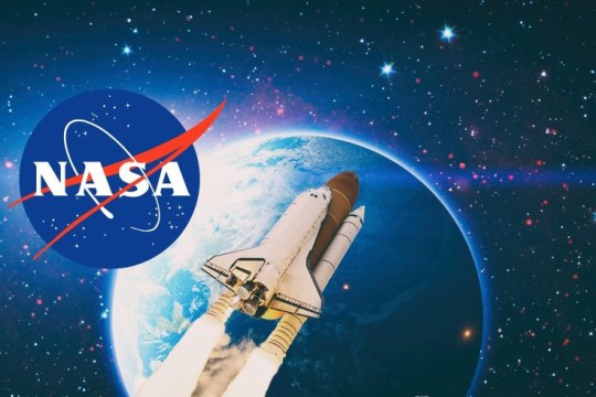 a space shuttle is shown launching in to space with the NASA logo near the upper left of the image.