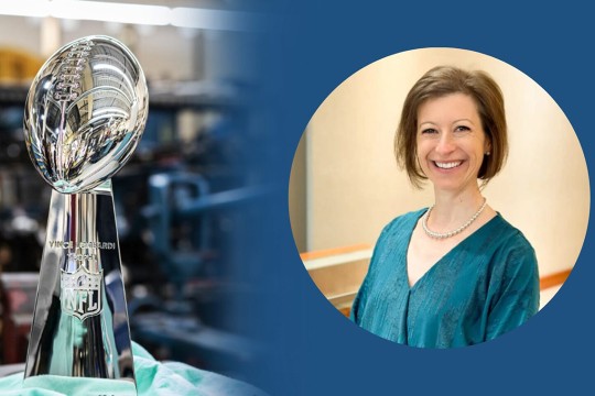 An edited graphic that shows a past Super Bowl trophy on the left and, on the right, a portrait of Stephanie Perrotti encased in a circle with a blue background.