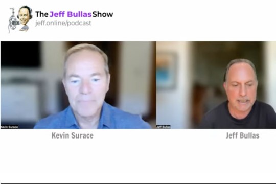Split-screen video call showing Kevin Surace and Jeff Bullas during a podcast episode.