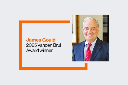 A graphic with James Gould's professional head shot on the right side of the graphic. On the left is an orange box, partially eclipsed by the headshot, with text inside the box that reads James Gould 2025 Vanden Brul Award Winner.
