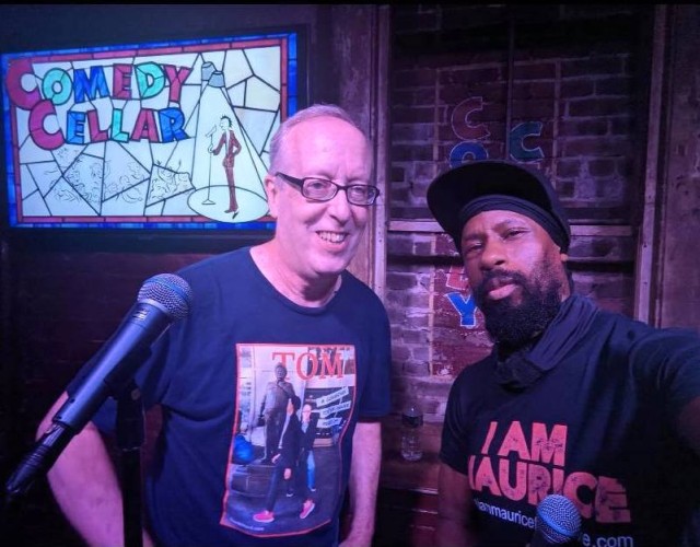 Wil Sylvince, host of the New Jokes shows at the Comedy Cellar, snaps an on-stage selfie with Tom Willard.  Tom was marking his fifth anniversary in standup comedy while making his fifth appearance at the world-famous NYC comedy club.
