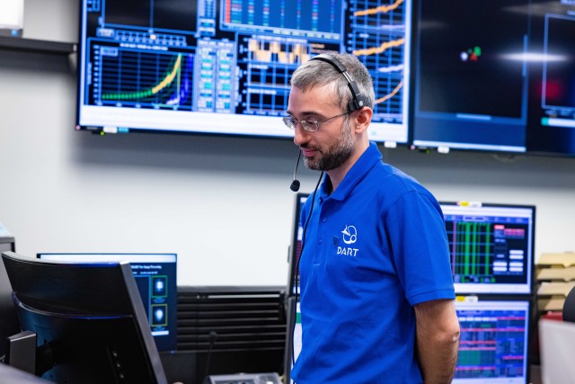 Dmitriy is monitoring image processing telemetry from the DRACO camera with less than an hour to-go before impact. Photo Credit: NASA/Johns Hopkins APL/Ed Whitman