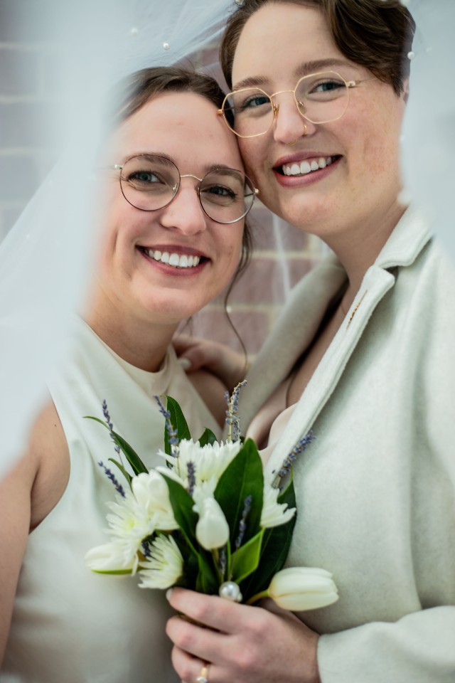 Heather and Leah on their elopement day in Boston