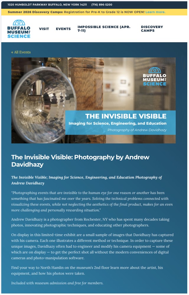 Announcement of Andrew’s exhibition at the Buffalo Science Museum.