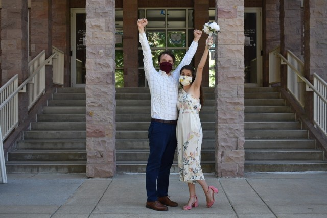 Sarah and Geoff at the courthouse on their wedding day