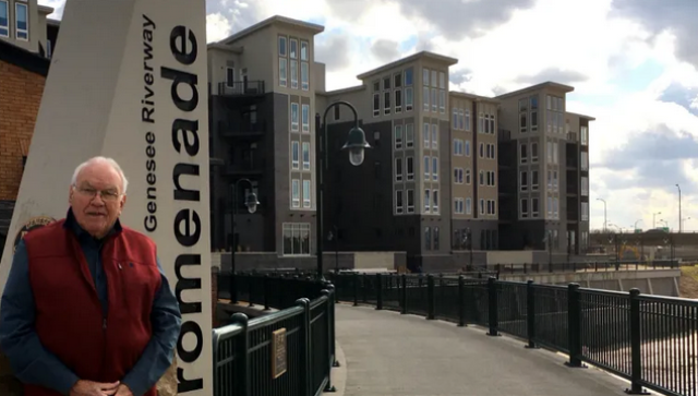 Gene DePrez at home on Rochester’s new Riverwalk