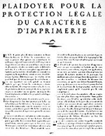 Fig. 72: Article on typeface copyright protection. From: C. Peignot, "Plaidoyer pour la Protection Légale de la Caratère d’Imprimerie," AMG Paris 17 (15 May 1930), 976.