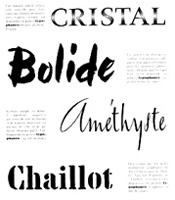 Fig. 36: First Typophane alphabet set featuring "Cristal" by Rémy Peignot, "Bolide" and "Améthyste" by Georges Vial, and "Chaillot" by Marcel Jacno.