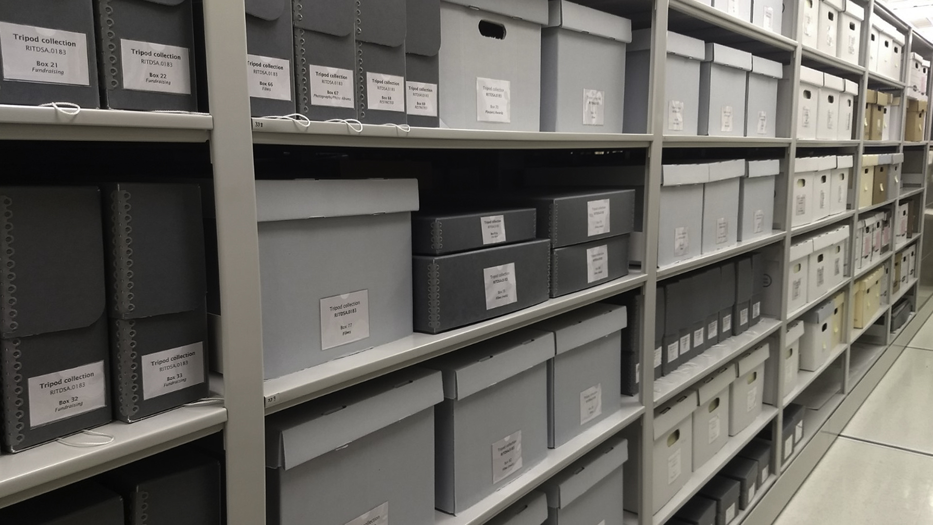 RIT Archives stacks, boxes of materials