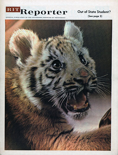 Spirit, RIT's mascot, on the cover of the RIT student newspaper, The Reporter.