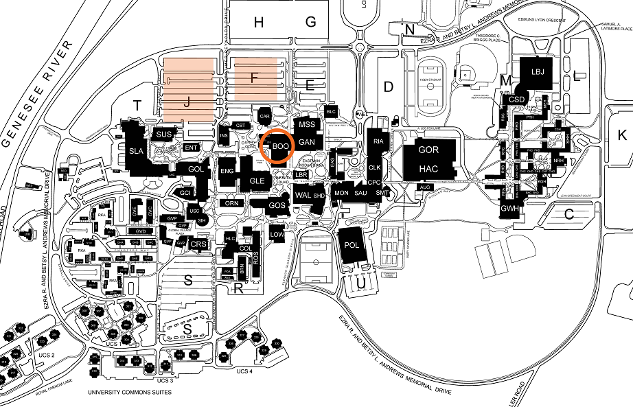 campus map with highlighted parking lots