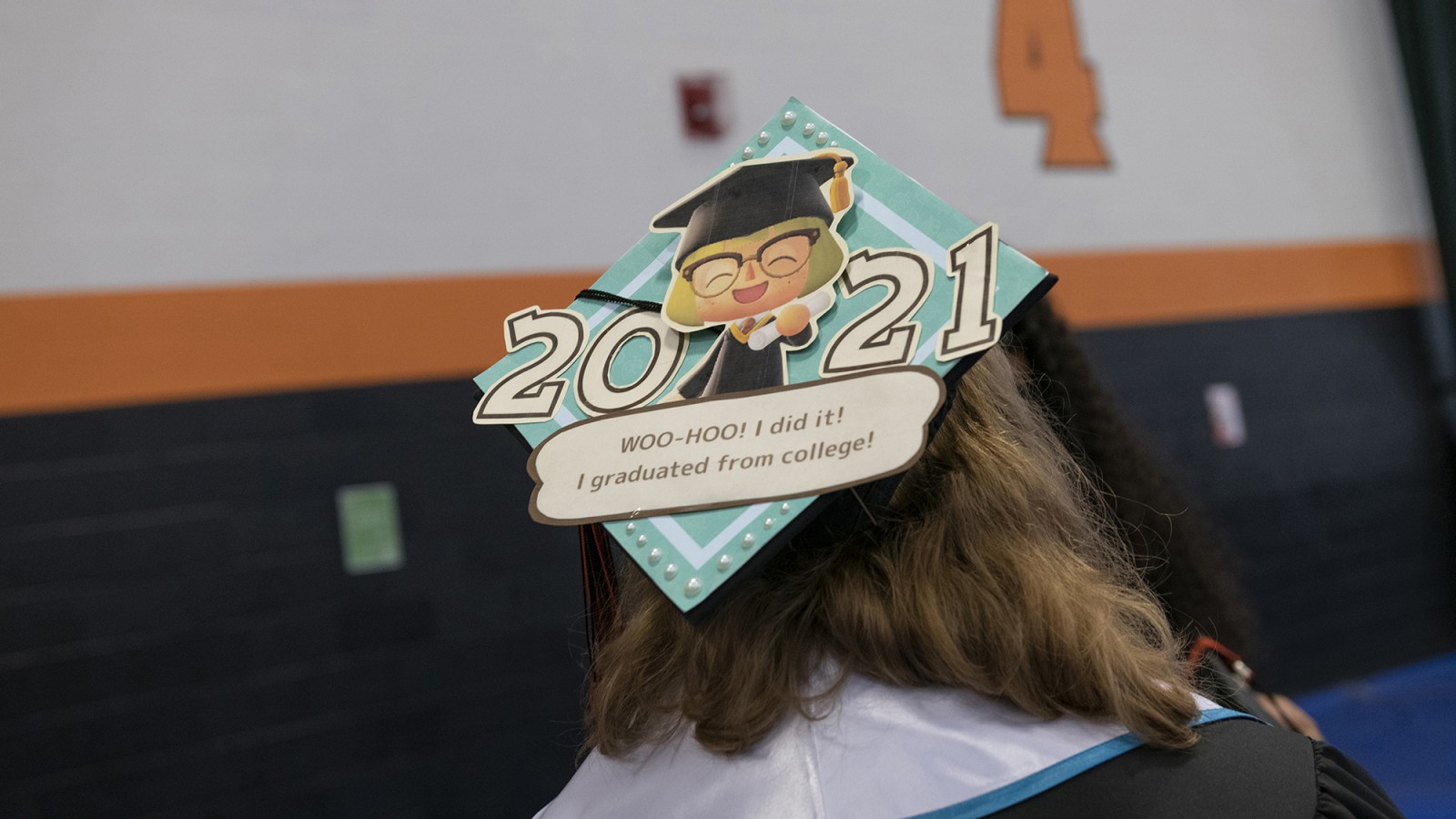 A graduation cap with an Animal Crossing character on it.
