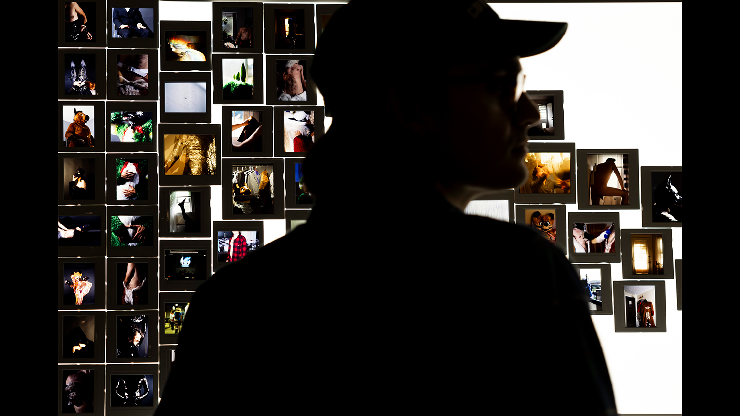 A black silhouette views photographic work on a gallery wall 